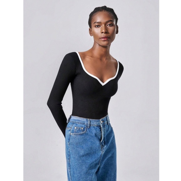 Black Rib Knit Sweetheart Contrast White Trim Long Sleeve Fitted Sweater Top - Picture 11 of 16